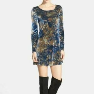 Blue and gold floral velvet dress